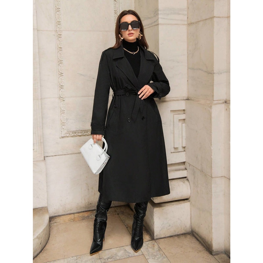 Double Breasted Belted Trench Coat long black - Picture 1 of 6